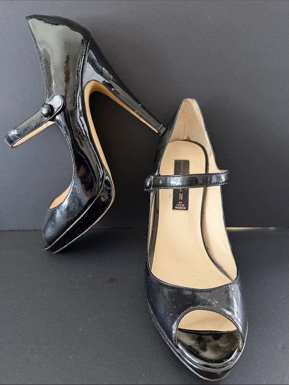 Steve Madden Black Patent Mary Jane Peep-Toe Pumps